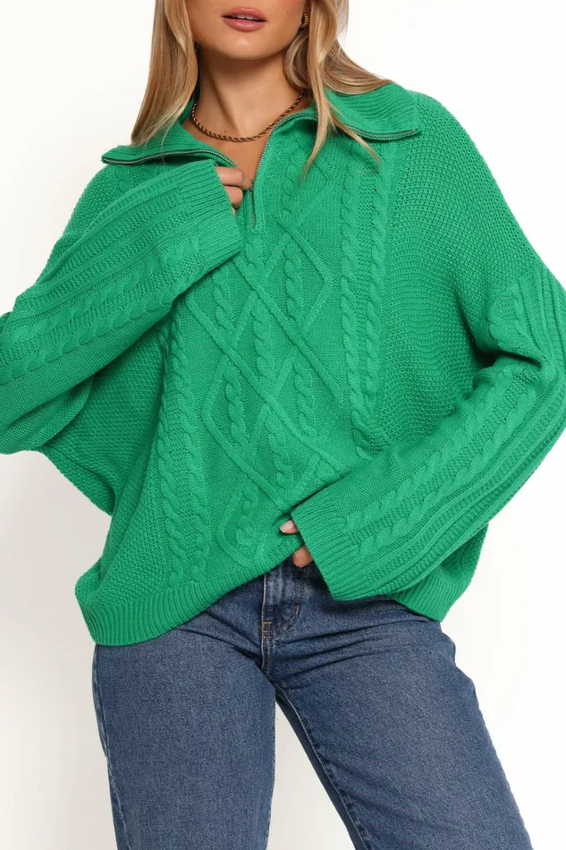 Sweaters Petal and Pup Women Leon Quarter Zip Cable Knit Sweater Green