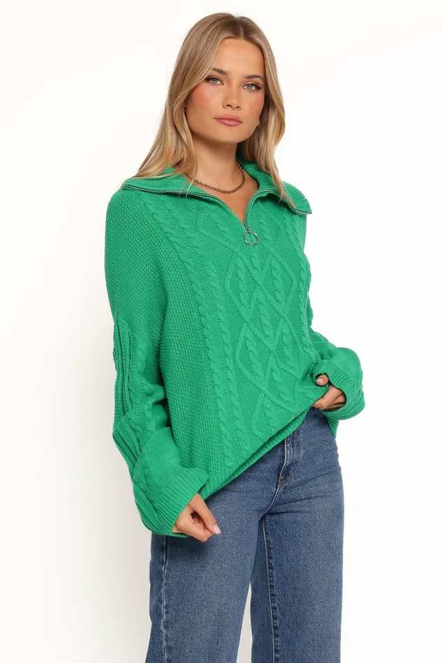 Sweaters Petal and Pup Women Leon Quarter Zip Cable Knit Sweater Green