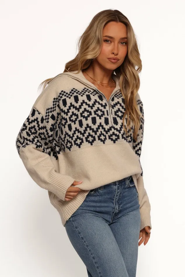 Sweaters Women Jethro Quarter Zip Fairisle Knit Sweater CreamNavy Petal and Pup