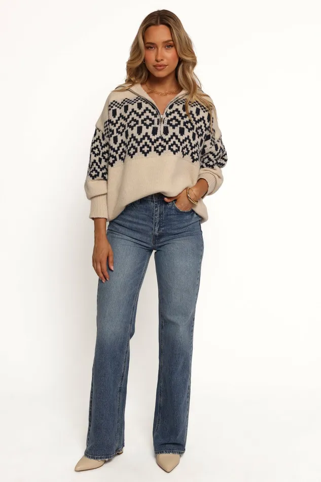 Sweaters Women Jethro Quarter Zip Fairisle Knit Sweater CreamNavy Petal and Pup