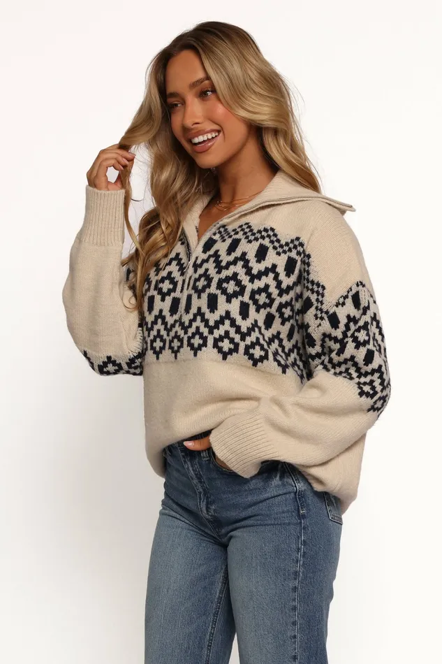 Sweaters Women Jethro Quarter Zip Fairisle Knit Sweater CreamNavy Petal and Pup