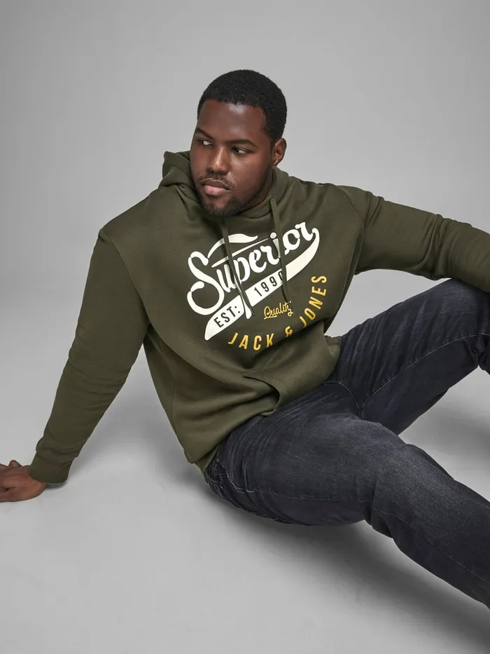 Sweatshirts JACK and JONES Mens LOOPBACK PLUS SIZE HOODIE Green Forest Night For Sale