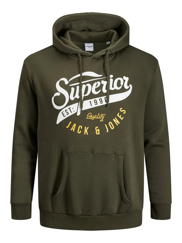 Sweatshirts JACK and JONES Mens LOOPBACK PLUS SIZE HOODIE Green Forest Night For Sale