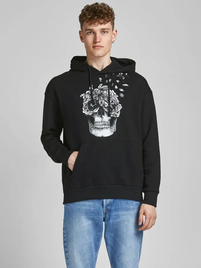 Sweatshirts JACK and JONES Mens SKULL PRINTED HOODIE Black Tap Shoe Near Me
