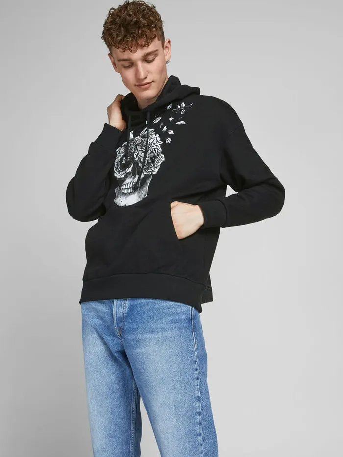 Sweatshirts JACK and JONES Mens SKULL PRINTED HOODIE Black Tap Shoe Near Me