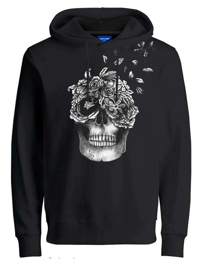 Sweatshirts JACK and JONES Mens SKULL PRINTED HOODIE Black Tap Shoe Near Me