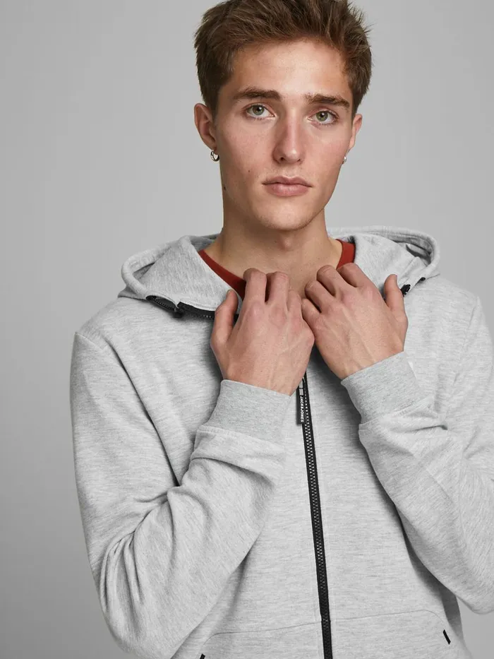 Sweatshirts JACK and JONES Mens ZIPPED THROUGH HOODIE Grey Light Grey Melange Cheap On Sale