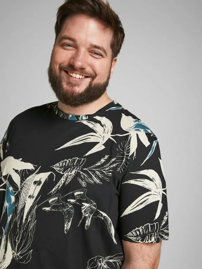 Tshirts JACK and JONES Mens BOTANICAL PRINT PLUS SIZE TSHIRT Black Black Gift for Friend