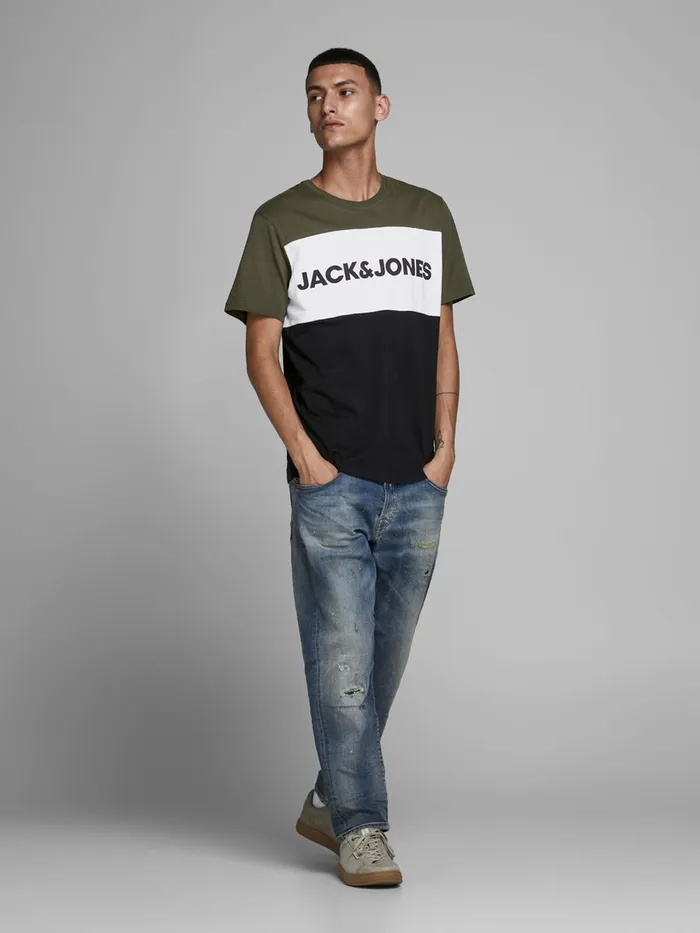 Tshirts JACK and JONES Mens COLOUR BLOCK LOGO TSHIRT Green Forest Night Online