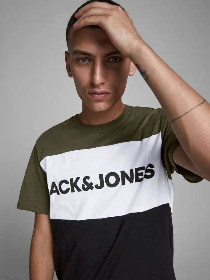 Tshirts JACK and JONES Mens COLOUR BLOCK LOGO TSHIRT Green Forest Night Online