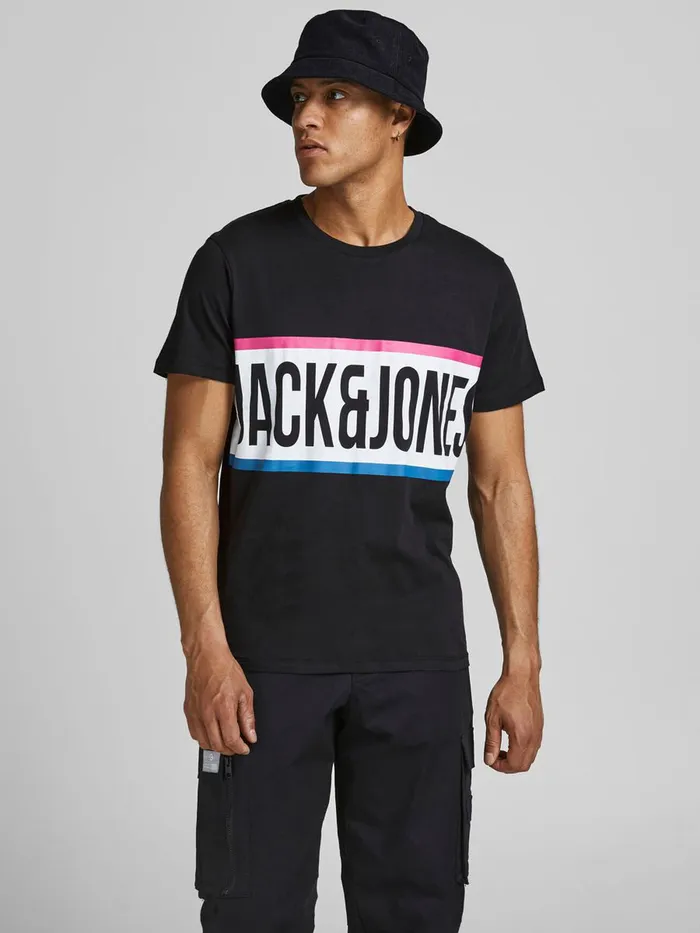 Tshirts JACK and JONES Mens LOGO TSHIRT Black Black Cheap On Sale