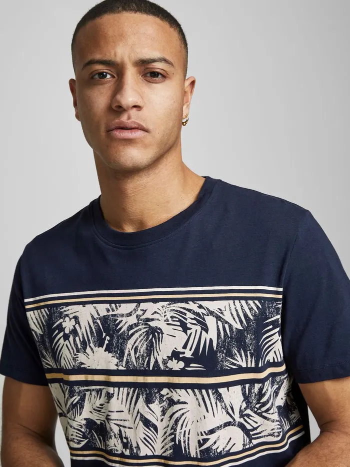 Tshirts JACK and JONES Mens PALM TREE BLOCK PRINT TSHIRT Blue Navy Blazer On Sale