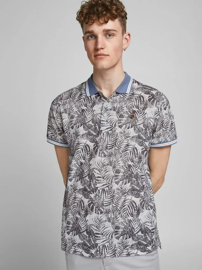 Tshirts JACK and JONES Mens REGULAR FIT BOTANICAL PRINT POLO SHIRT Grey Cloud Dancer Gift for Friend