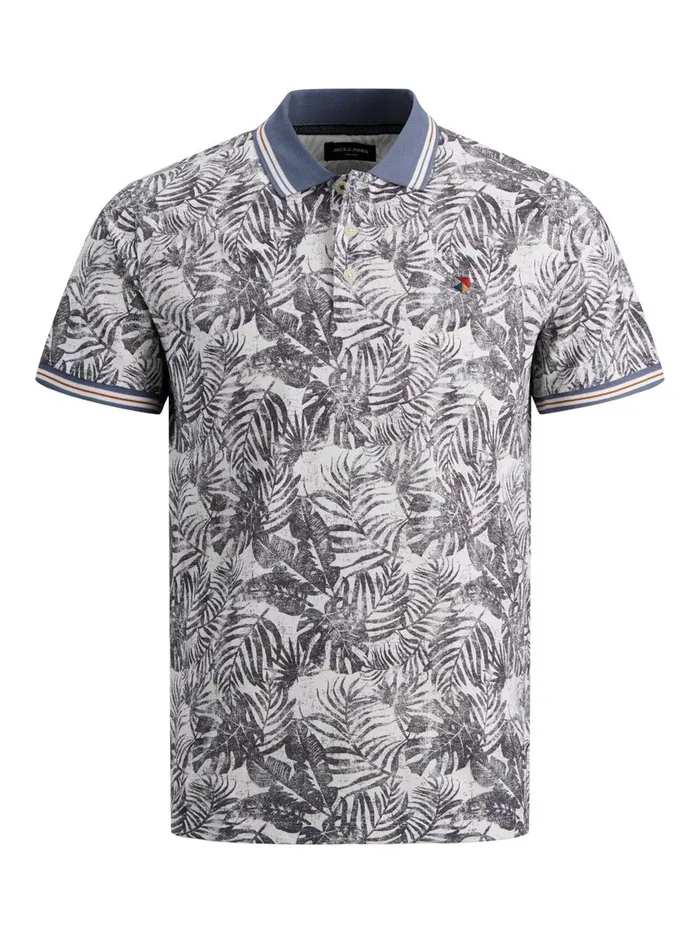 Tshirts JACK and JONES Mens REGULAR FIT BOTANICAL PRINT POLO SHIRT Grey Cloud Dancer Gift for Friend