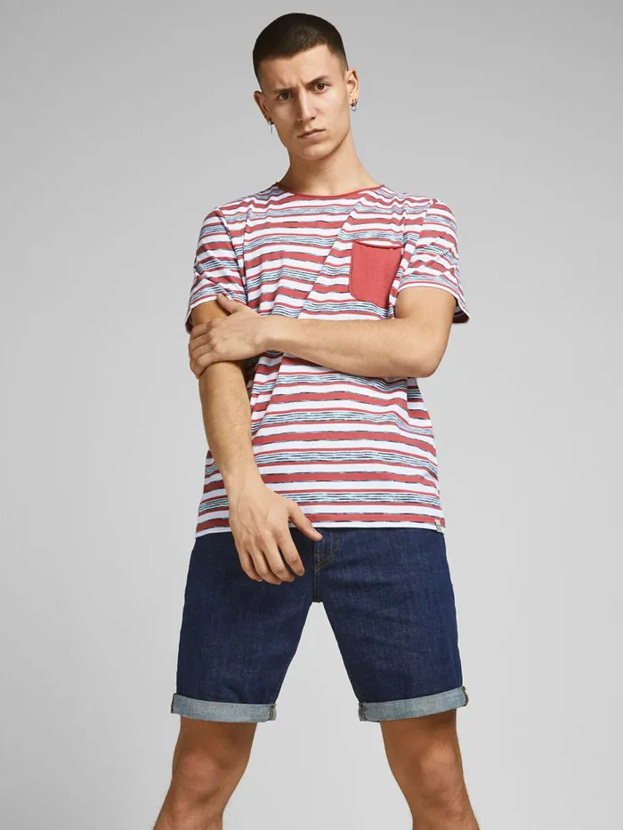 Tshirts JACK and JONES Mens STRIPED CHEST POCKET TSHIRT Pink Slate Rose On Sale