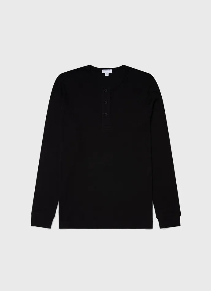 Tshirts Men ussunspel Long Sleeve Waffle Henley Black