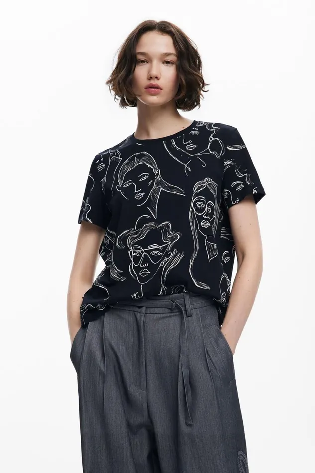 TShirts Women Desigual Shortsleeved Tshirt With Faces Black
