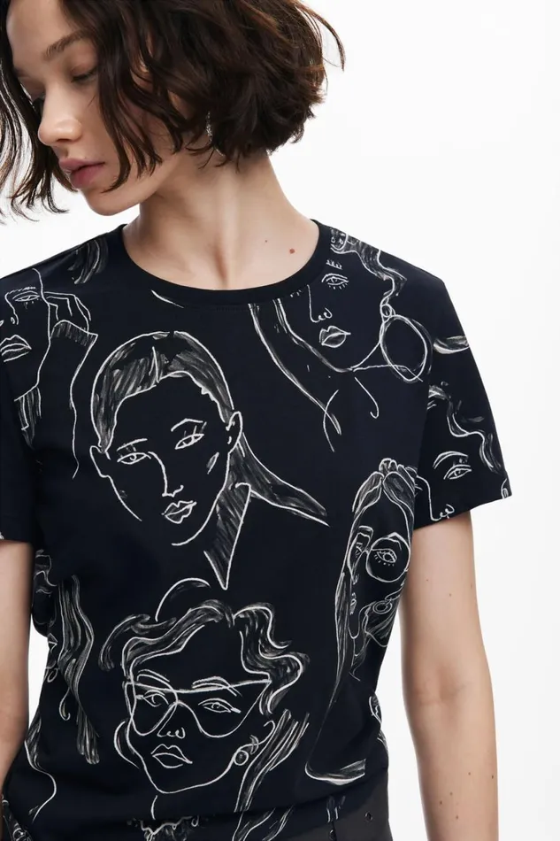 TShirts Women Desigual Shortsleeved Tshirt With Faces Black