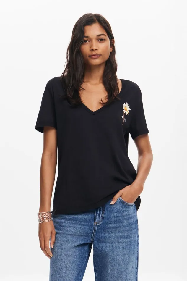 TShirts Women Desigual Vneck Floral Tshirt Black