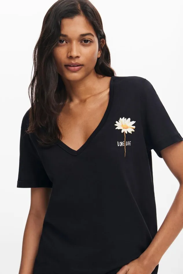 TShirts Women Desigual Vneck Floral Tshirt Black