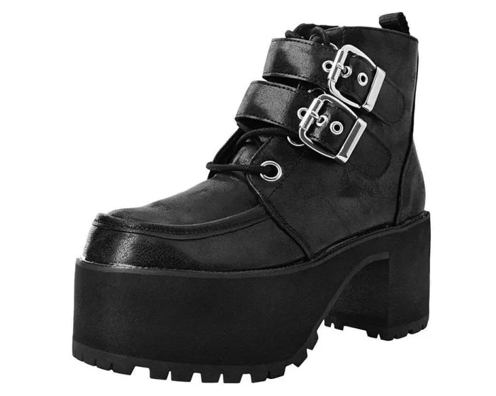 TUK Shoes Platforms Women Black 2Buckle Distressed Faux Leather Vegan Nosebleed Boots