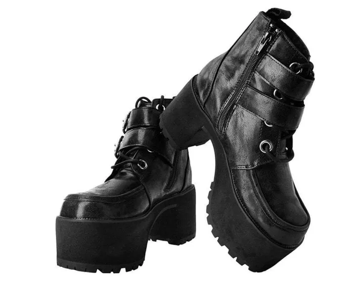 TUK Shoes Platforms Women Black 2Buckle Distressed Faux Leather Vegan Nosebleed Boots TUK Shoes Platforms Women Black 2Buckle Distressed Faux Leather Vegan Nosebleed Boots