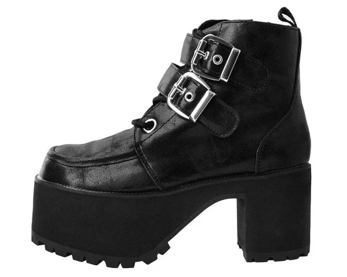 TUK Shoes Platforms Women Black 2Buckle Distressed Faux Leather Vegan Nosebleed Boots TUK Shoes Platforms Women Black 2Buckle Distressed Faux Leather Vegan Nosebleed Boots