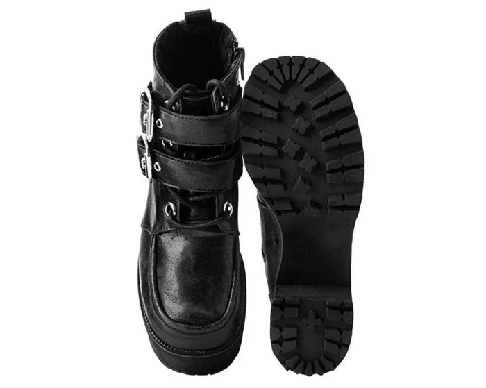 TUK Shoes Platforms Women Black 2Buckle Distressed Faux Leather Vegan Nosebleed Boots TUK Shoes Platforms Women Black 2Buckle Distressed Faux Leather Vegan Nosebleed Boots