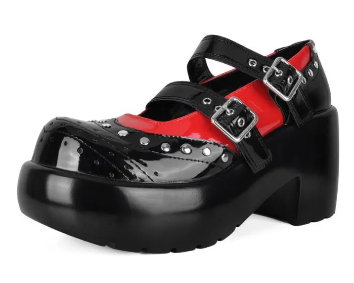 TUK Shoes Platforms Women Black and Red Patent Brogue Bubble Mary Jane