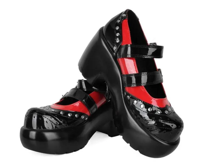 TUK Shoes Platforms Women Black and Red Patent Brogue Bubble Mary Jane TUK Shoes Platforms Women Black and Red Patent Brogue Bubble Mary Jane