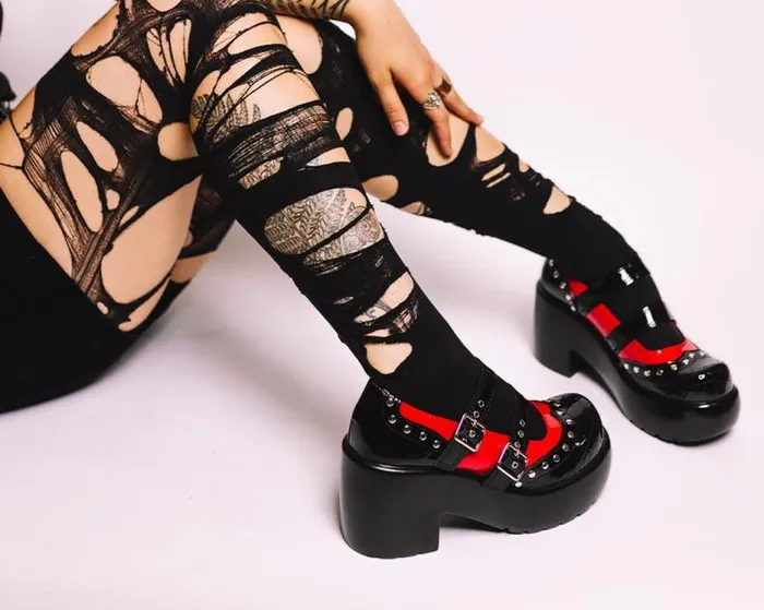 TUK Shoes Platforms Women Black and Red Patent Brogue Bubble Mary Jane TUK Shoes Platforms Women Black and Red Patent Brogue Bubble Mary Jane