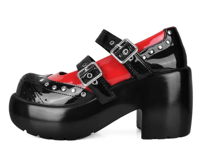 TUK Shoes Platforms Women Black and Red Patent Brogue Bubble Mary Jane TUK Shoes Platforms Women Black and Red Patent Brogue Bubble Mary Jane