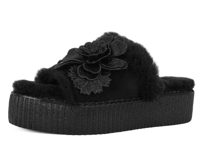 TUK Shoes Platforms Women Black Wool Flower Slide