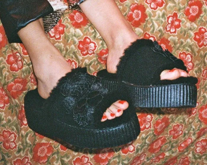 TUK Shoes Platforms Women Black Wool Flower Slide TUK Shoes Platforms Women Black Wool Flower Slide