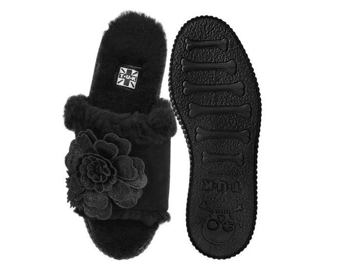 TUK Shoes Platforms Women Black Wool Flower Slide TUK Shoes Platforms Women Black Wool Flower Slide