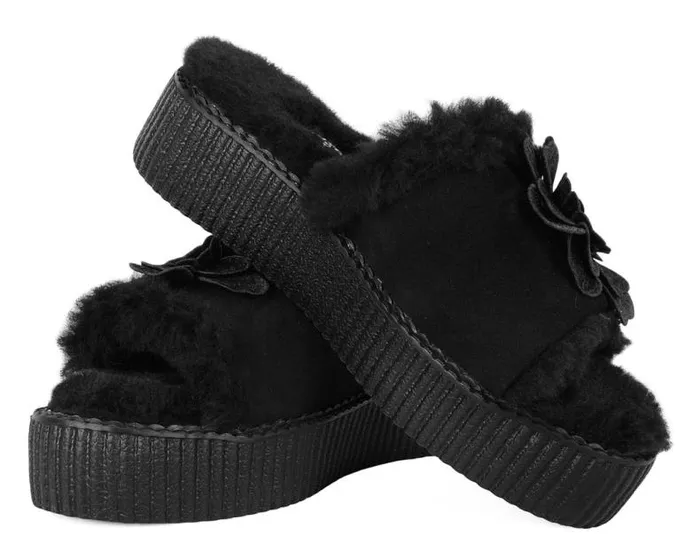 TUK Shoes Platforms Women Black Wool Flower Slide TUK Shoes Platforms Women Black Wool Flower Slide