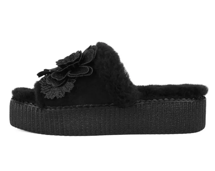 TUK Shoes Platforms Women Black Wool Flower Slide TUK Shoes Platforms Women Black Wool Flower Slide