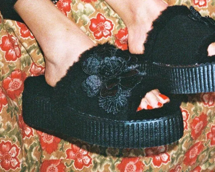 TUK Shoes Platforms Women Black Wool Flower Slide TUK Shoes Platforms Women Black Wool Flower Slide