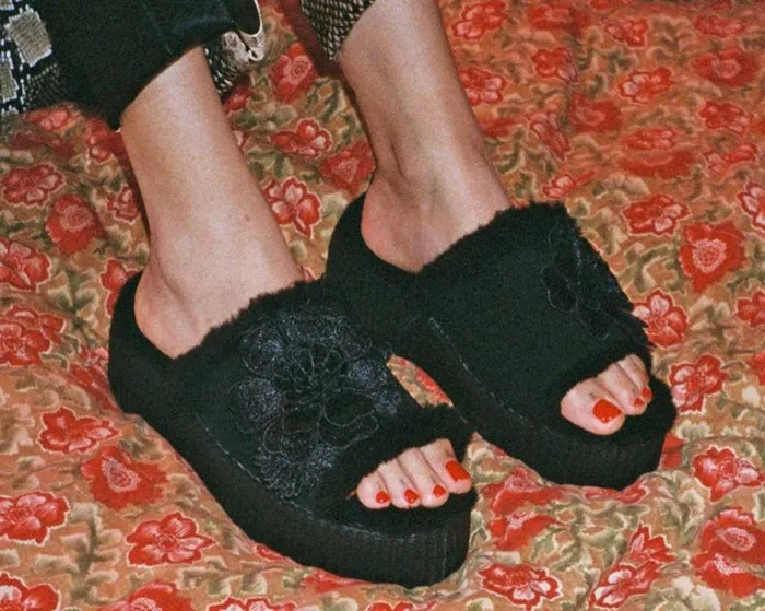 TUK Shoes Platforms Women Black Wool Flower Slide TUK Shoes Platforms Women Black Wool Flower Slide
