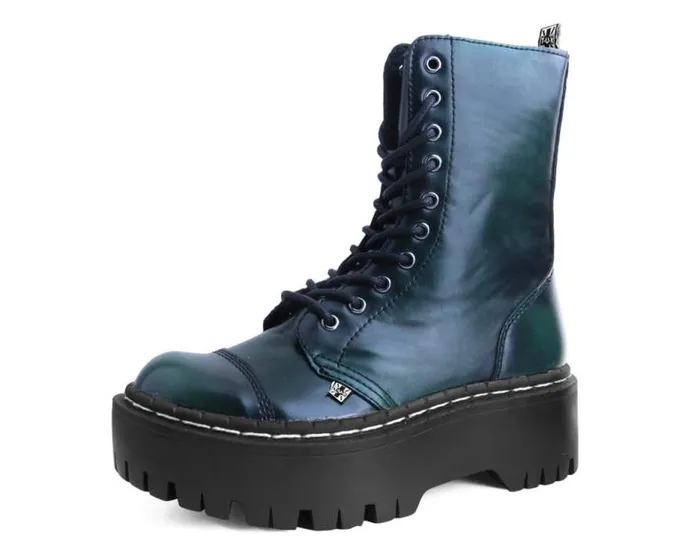 TUK Shoes Platforms Women Green RubOff 10Eye Double Decker Boot