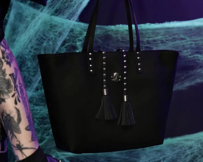 TUK Shoes Stickers Pins Patches Totes Adult Black Faux Leather Studded Tassel Tote Bag TUK Shoes Stickers Pins Patches Totes Adult Black Faux Leather Studded Tassel Tote Bag