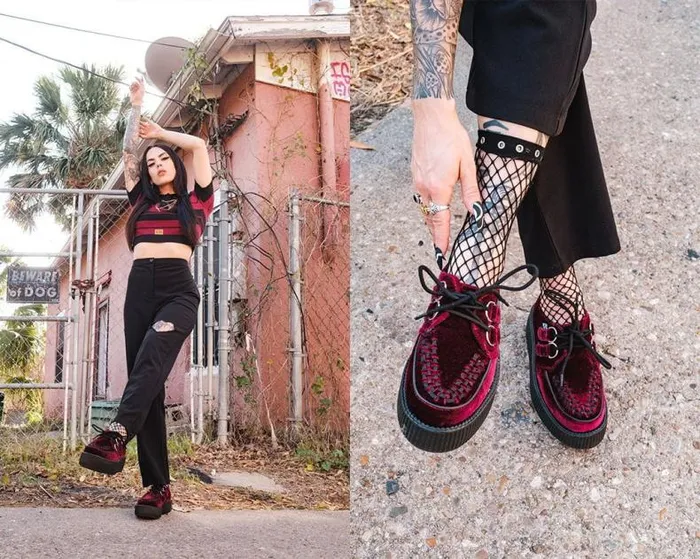 TUK Shoes Vegan Women Burgundy Velvet Viva Mondo Creepers