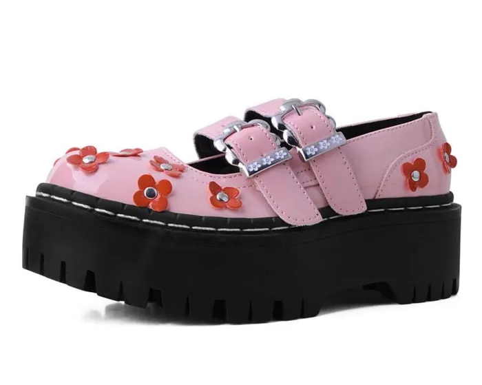TUK Shoes Vegan Women Pink and Red Patent Flower Double Decker Mary Jane