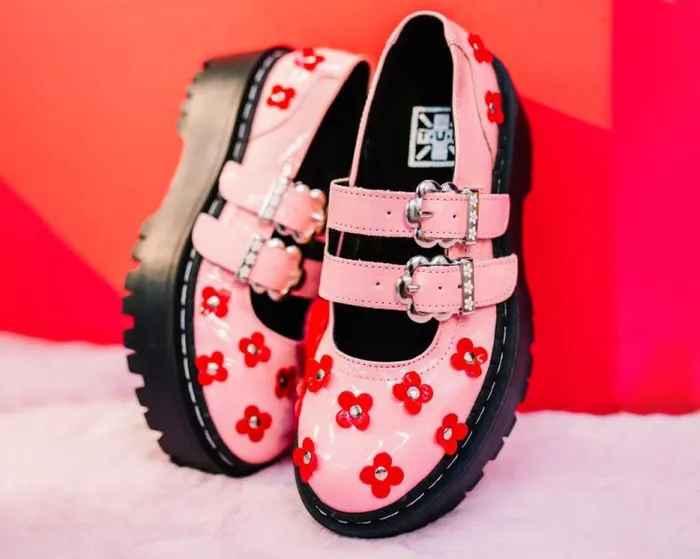 TUK Shoes Vegan Women Pink and Red Patent Flower Double Decker Mary Jane TUK Shoes Vegan Women Pink and Red Patent Flower Double Decker Mary Jane