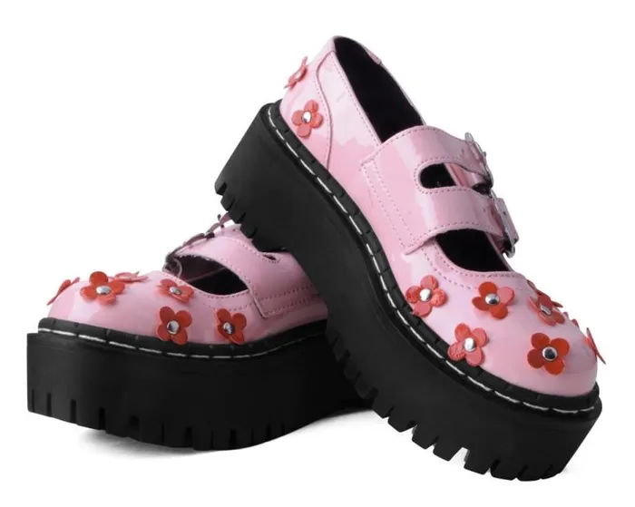 TUK Shoes Vegan Women Pink and Red Patent Flower Double Decker Mary Jane TUK Shoes Vegan Women Pink and Red Patent Flower Double Decker Mary Jane