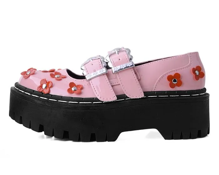 TUK Shoes Vegan Women Pink and Red Patent Flower Double Decker Mary Jane TUK Shoes Vegan Women Pink and Red Patent Flower Double Decker Mary Jane