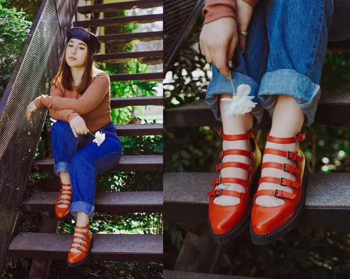 TUK Shoes Vegan Women Rust Burnished TUKskin MultiStrap Pointed Mary Jane TUK Shoes Vegan Women Rust Burnished TUKskin MultiStrap Pointed Mary Jane
