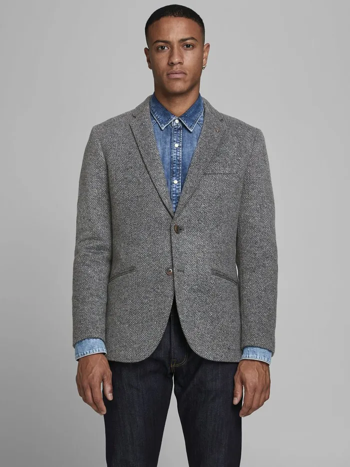 Tailoring JACK and JONES Mens SLIM FIT HERRINGBONE BLAZER Grey Dark Grey Melange Tailoring JACK and JONES Mens SLIM FIT HERRINGBONE BLAZER Grey Dark Grey Melange