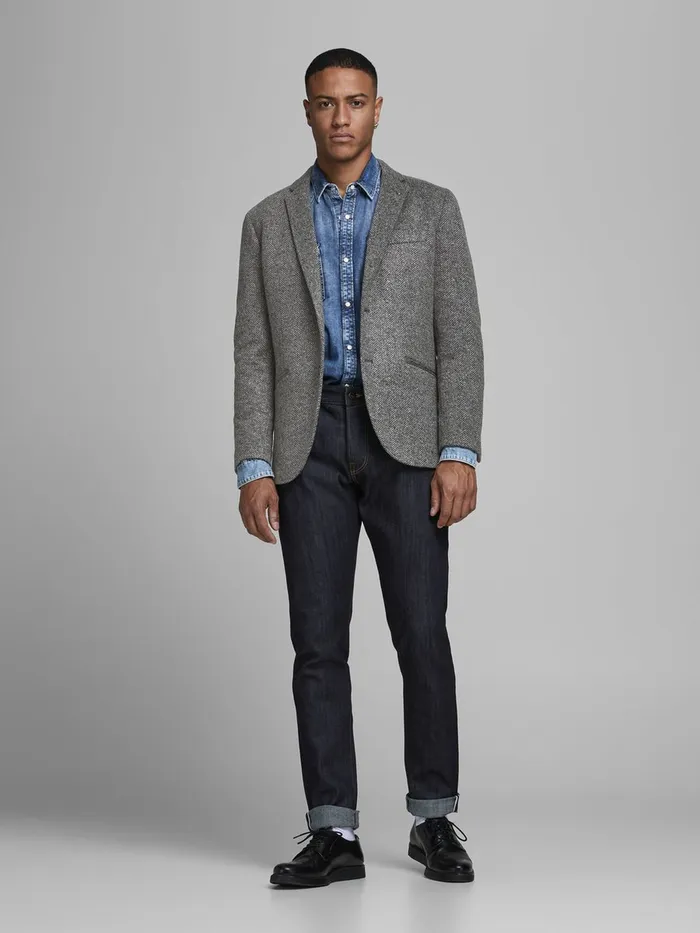 Tailoring JACK and JONES Mens SLIM FIT HERRINGBONE BLAZER Grey Dark Grey Melange