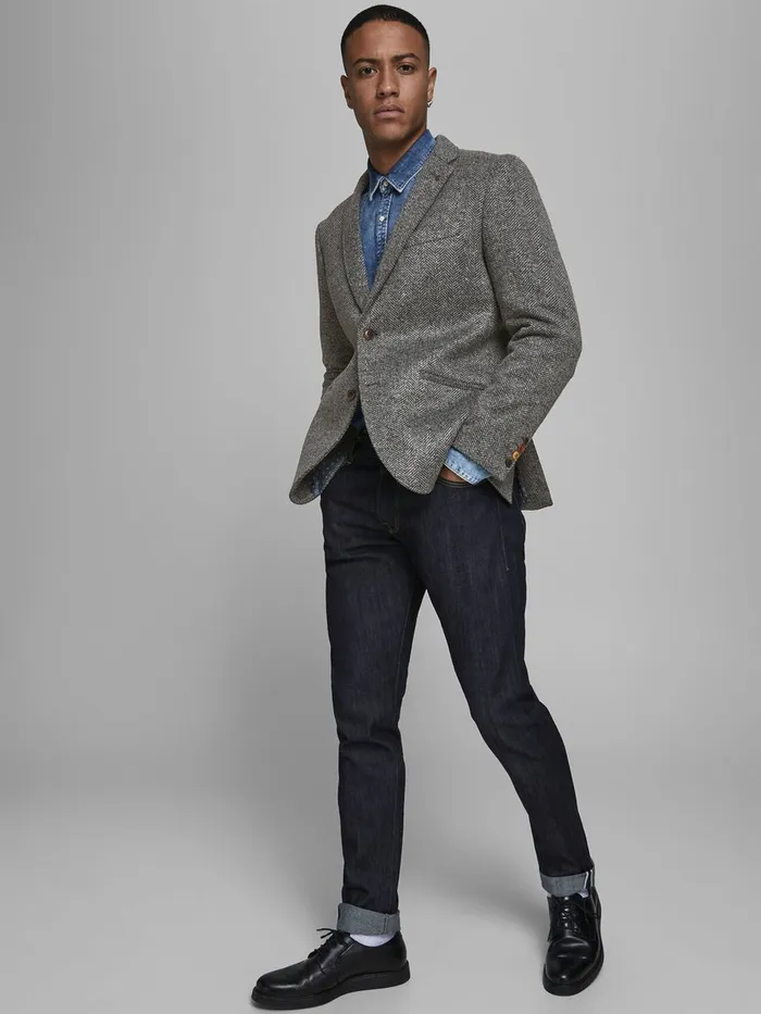 Tailoring JACK and JONES Mens SLIM FIT HERRINGBONE BLAZER Grey Dark Grey Melange